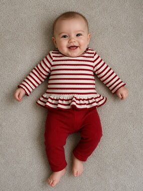 Target Red and Cream Striped Ruffle Top with Red Ribbed Pants Set